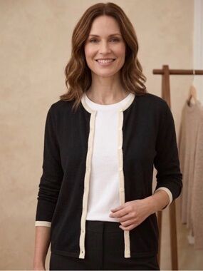 August Silk Knits 100% Black Button Down Cardigan with Cream Trim Size Large